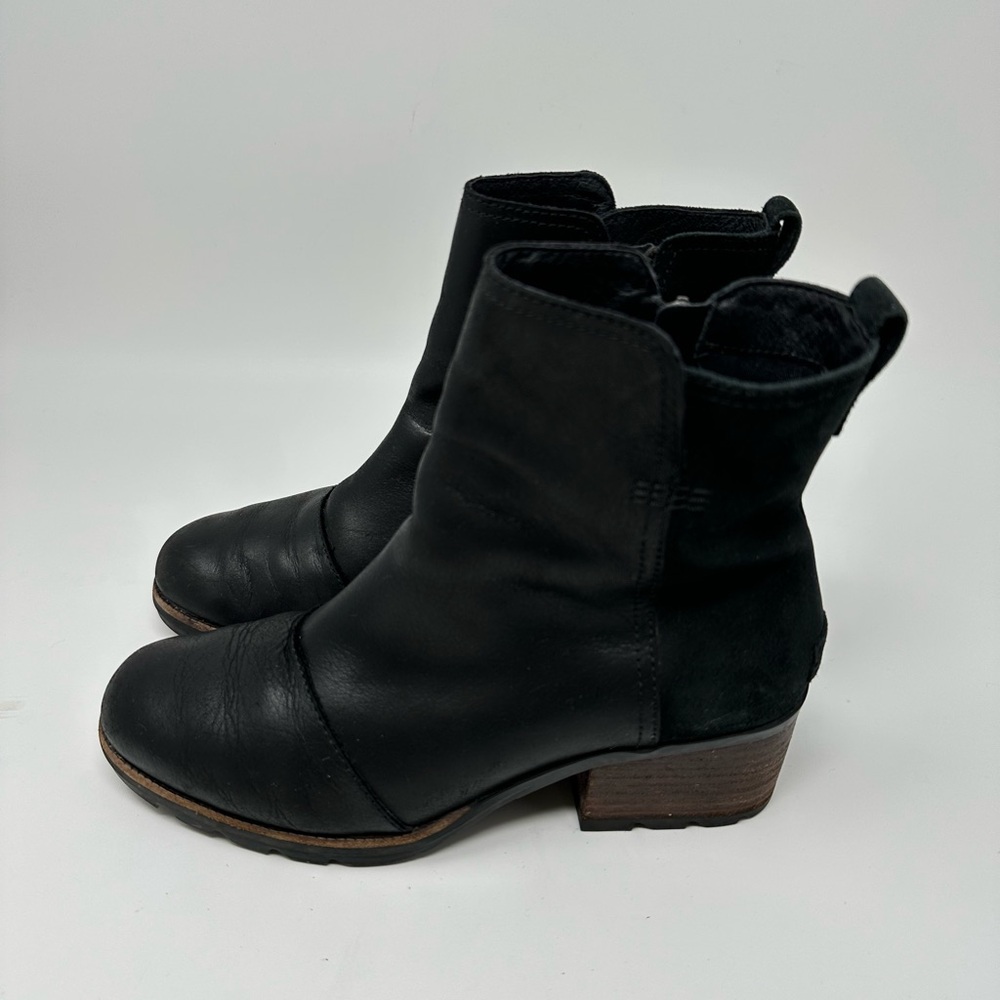 Sorel Cate Bootie Waterproof Black Leather Ankle Boots Lug Sole Sz 8 - Picture 3 of 16